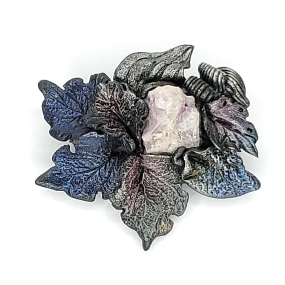 Handmade Goth Leaf Stone Polymer Clay Brooch Black Purple Dimensional 2" X 1.75" - Picture 1 of 4